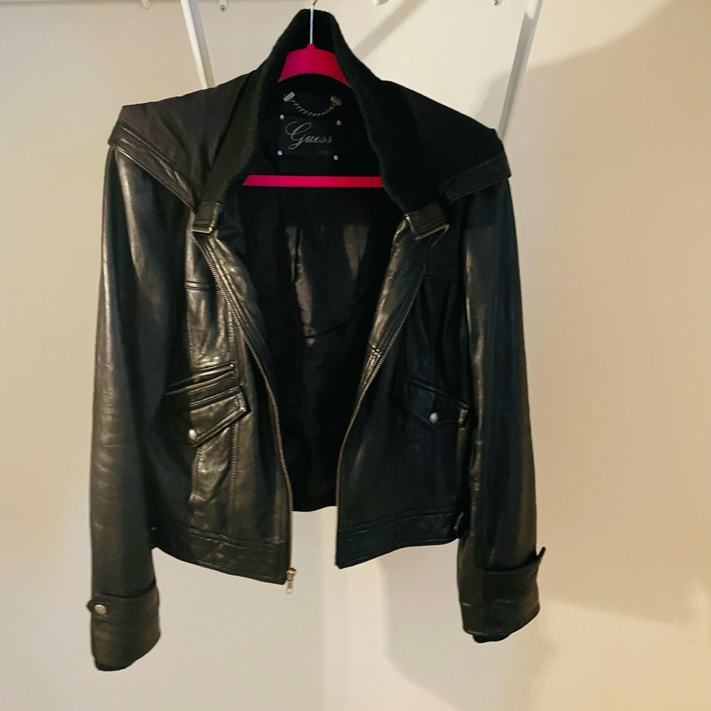 Leather Jacket | Genuine Leather | Thick | Black | Hooded | Brand: Guess